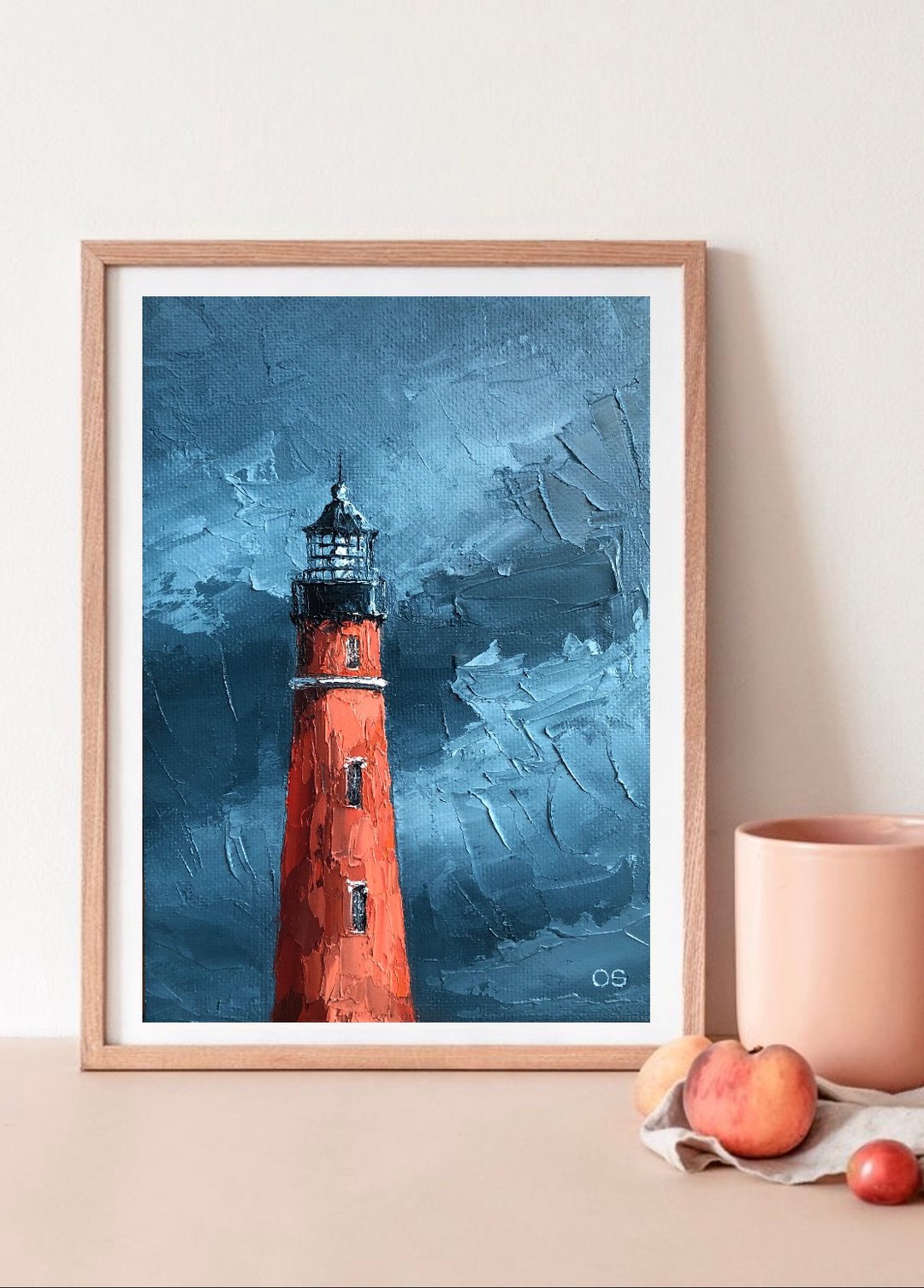 Original Oil Painting On Canvas Lighthouse Landscape Stormy Seascape Impasto Art - 墙贴/壁贴 - 棉 多色
