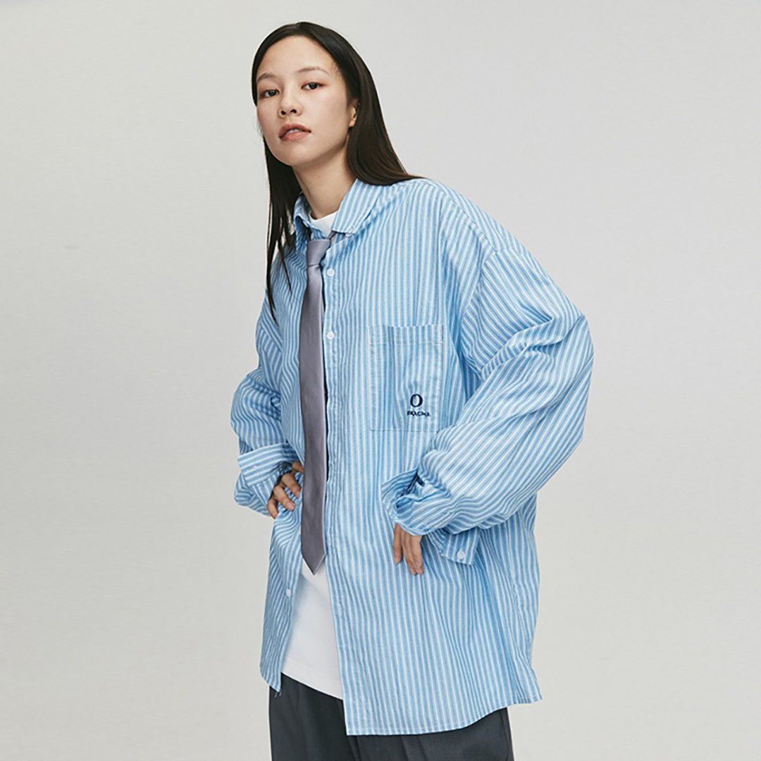 MOKACME 20FW 条纹刺绣LOGO衬衫情侣装 - 男装衬衫 - 其他材质 蓝色