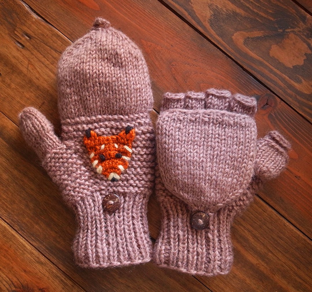纯羊毛编织手套Hand-made in Nepal 动物_孤狸_浅褐 较大尺寸 - 手套 - 羊毛 咖啡色