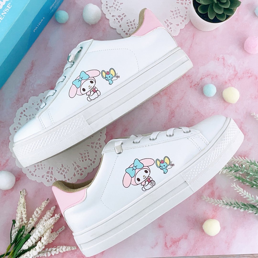 Paidal x My Melody 美乐蒂免绑带跳色皮感厚底休闲鞋不弯腰鞋 - 白 - 女款休闲鞋 - 人造皮革 白色