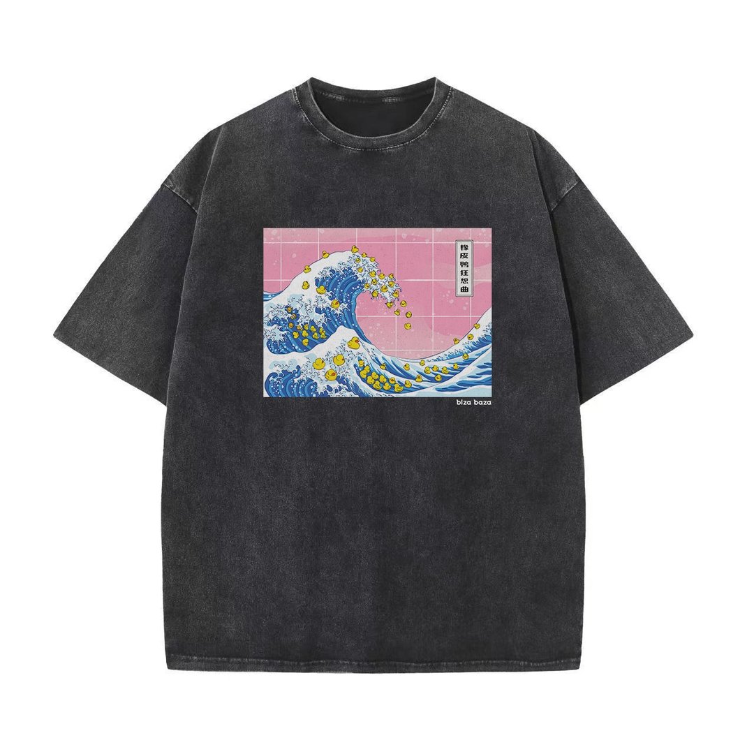 鸭鸭狂想曲 日式复古 做旧水洗 宽松短袖T shirt 衫系列 黑色 - 男装上衣/T 恤 - 棉 黑色