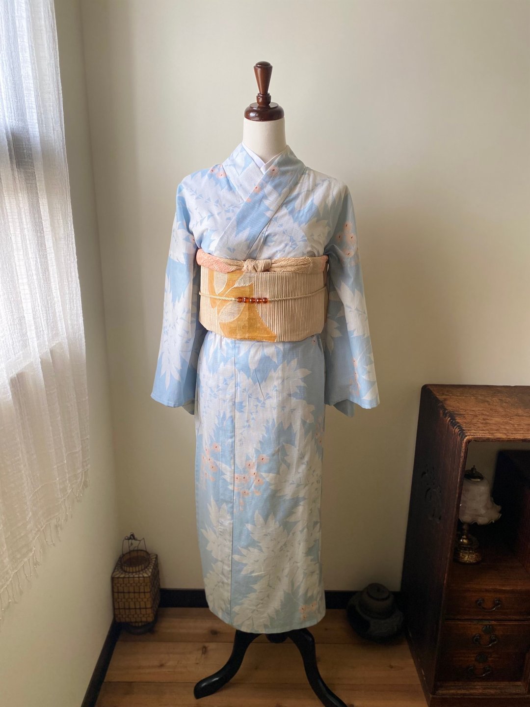 水色紫藤花棉絽古着小纹和服日本制 - 洋装/连衣裙 - 棉 蓝色