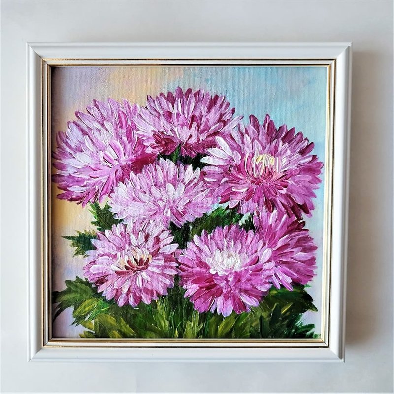 Pink aster painting impasto flower bouquet art framed wall decor flowers artwork - 墙贴/壁贴 - 压克力 多色
