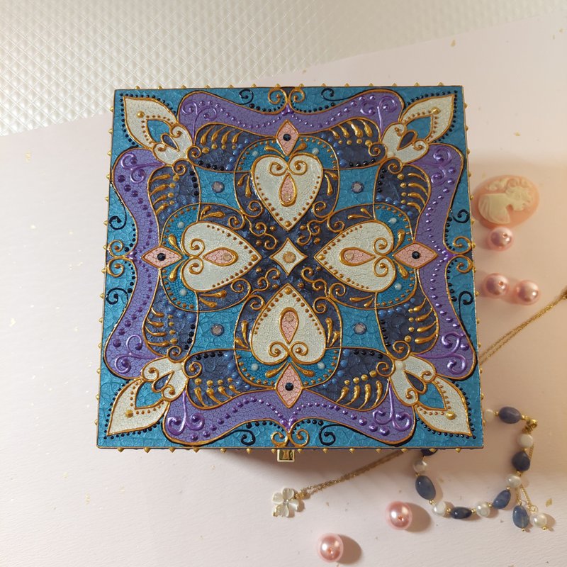 正方形手绘波浪雕花珠宝盒/HENNA/民族风 - 摆饰 - 木头 蓝色