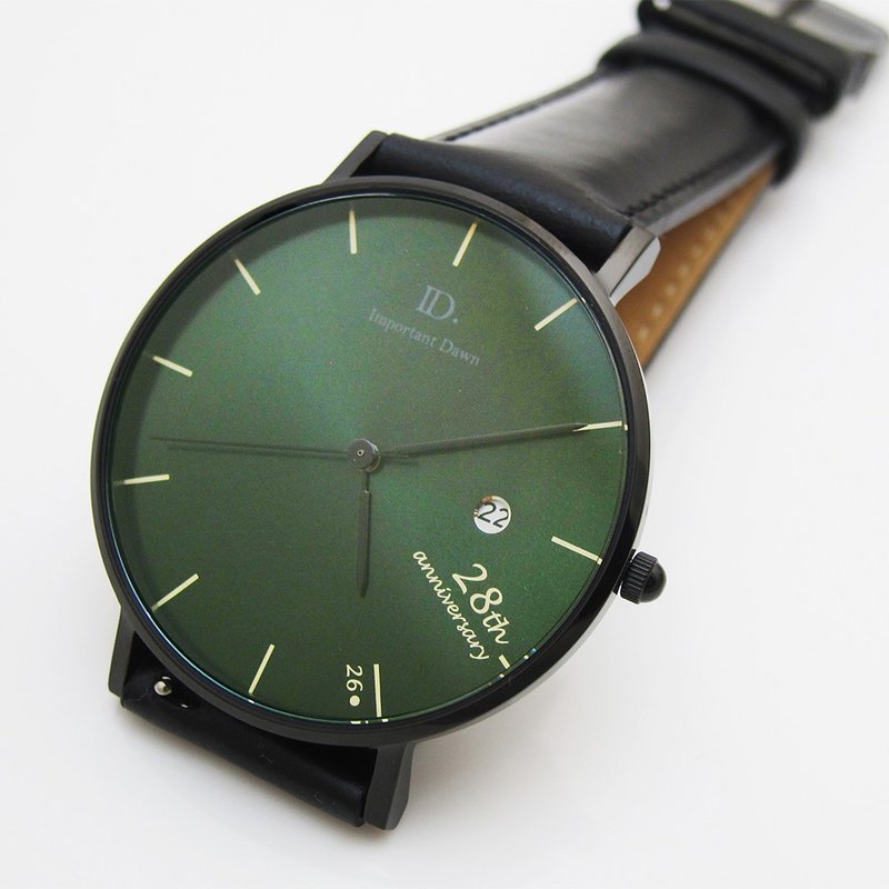【定制化手表礼物】28年结婚纪念(表面刻印+人像背盖刻) - 男表/中性表 - 真皮 黑色