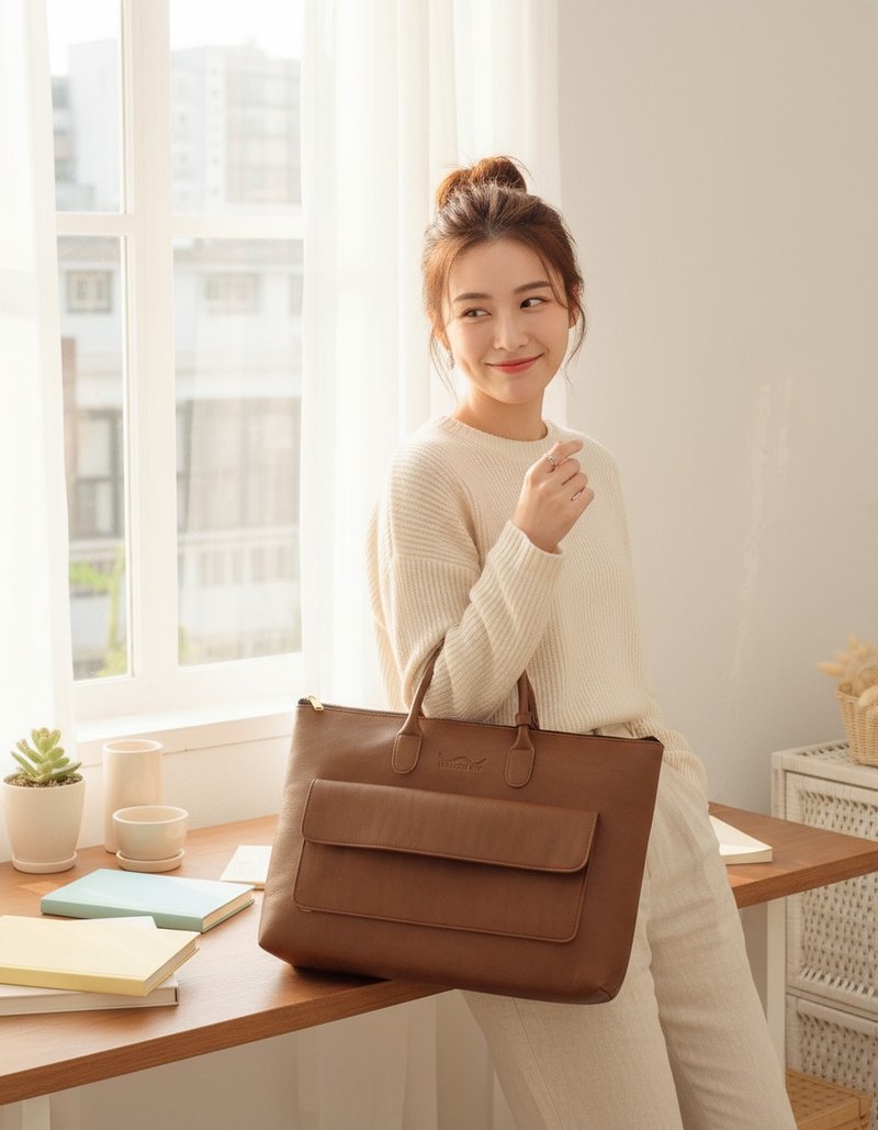 WARALEE's DAY | 短手柄扁方形拉链手提包 - 棕色 - 电脑包 - 人造皮革 咖啡色