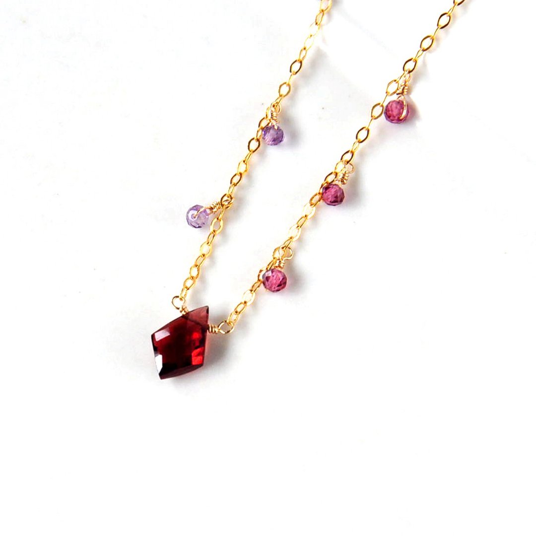 14kgf/lozenge red garnet necklace - 项链 - 宝石 红色