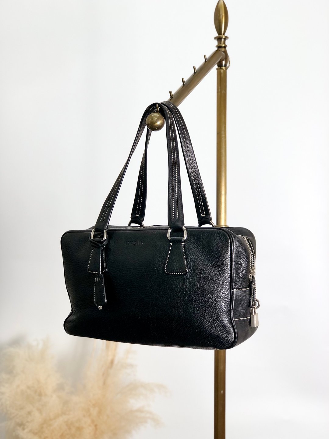 [日本直送，品牌二手包] PRADA 普拉达手提包，黑标志压花皮革迷你波士顿包，复古，旧 x2ea7x - 手提包/手提袋 - 真皮 黑色