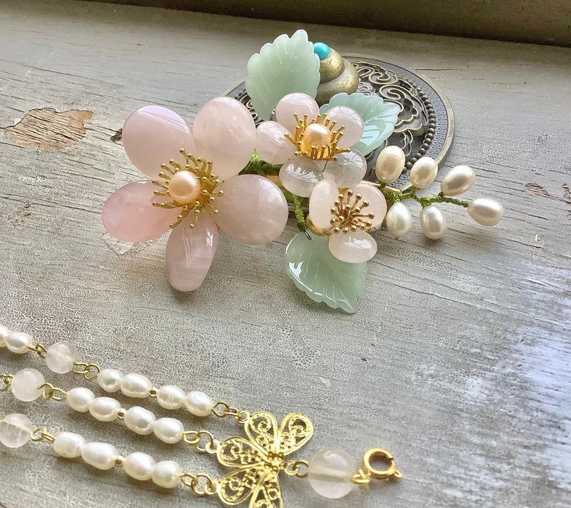 喵手作~天然粉水晶花夹/弹簧夹与方形压夹 - 其他 - 其他材质 粉红色