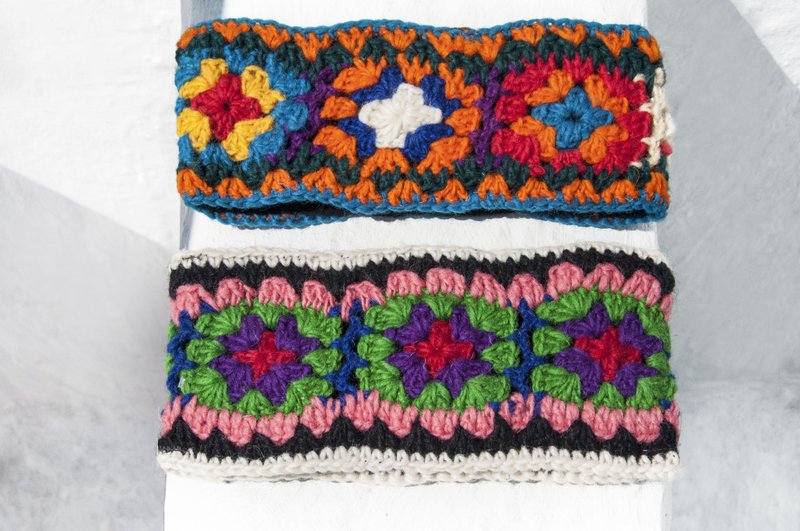 手工纯羊毛编织发带/编织缤纷发带/钩织发饰/手工花朵发带 -花朵 - 发带/发箍 - 羊毛 多色