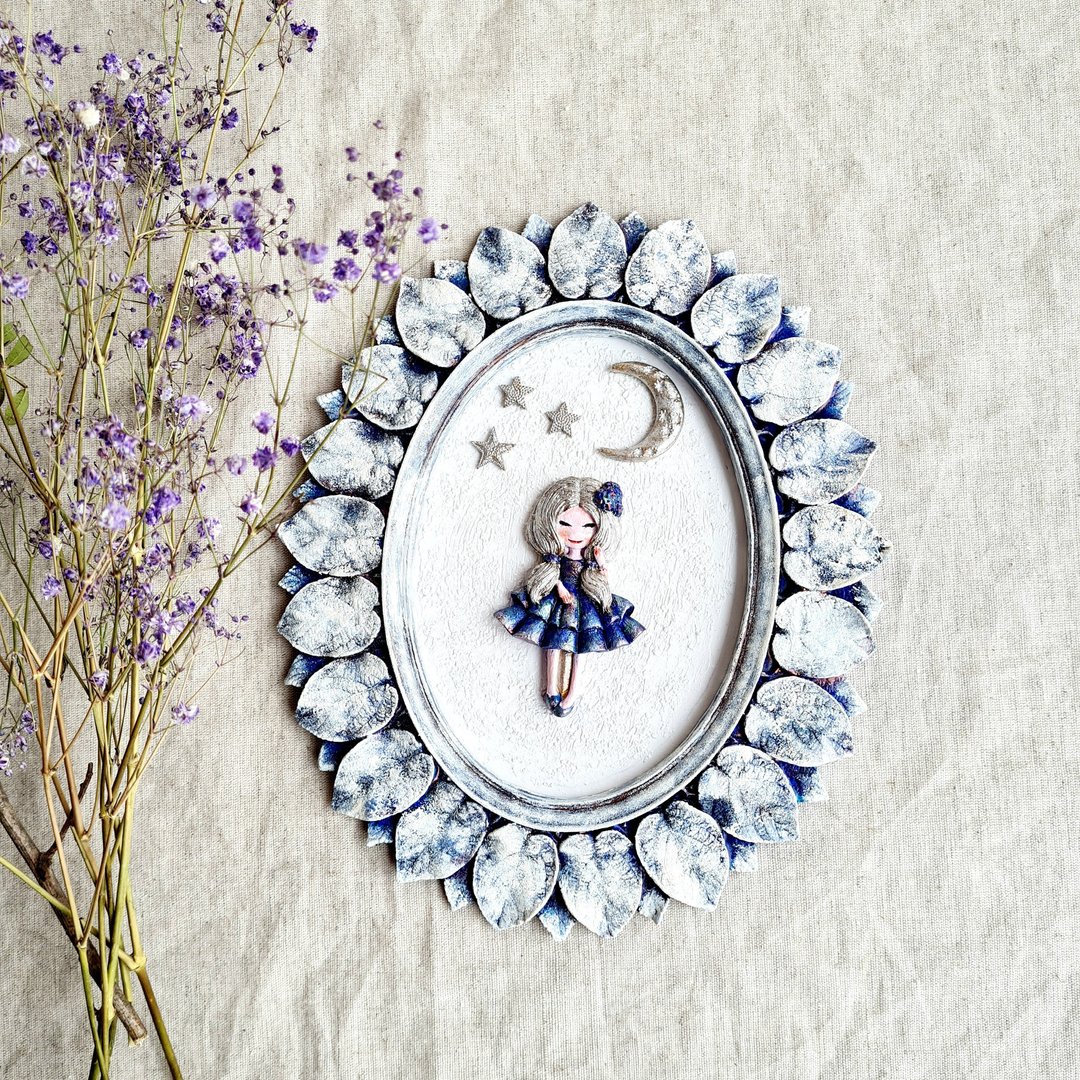 Ornate wall frame White wall decor Moon and Stars doll Girl wall art for nursery - 墙贴/壁贴 - 瓷 白色