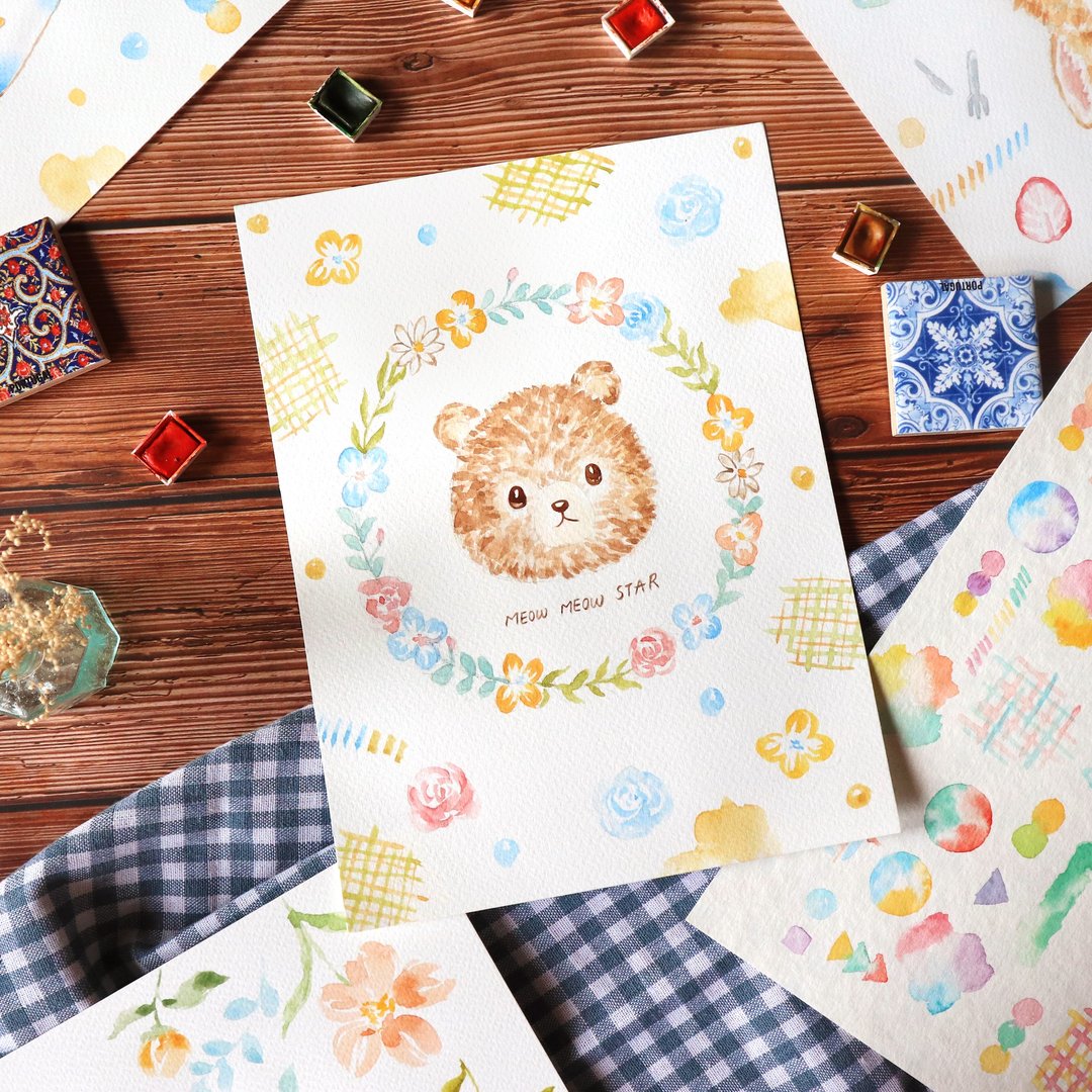 Pinkoi 品品学堂・9 月疗愈系・喵星达 熊熊花圈水彩插画体验 - 插画/绘画/写字 - 纸 
