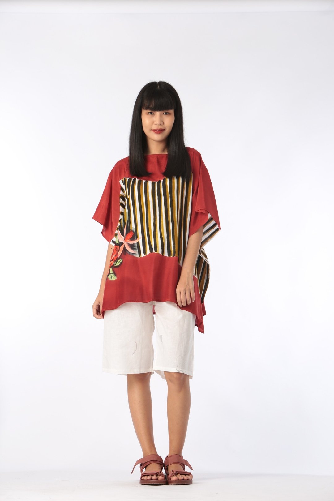 Poncho Blouse Cotton Silk Hand Painted for Summer resort vac - 女装上衣 - 棉 红色