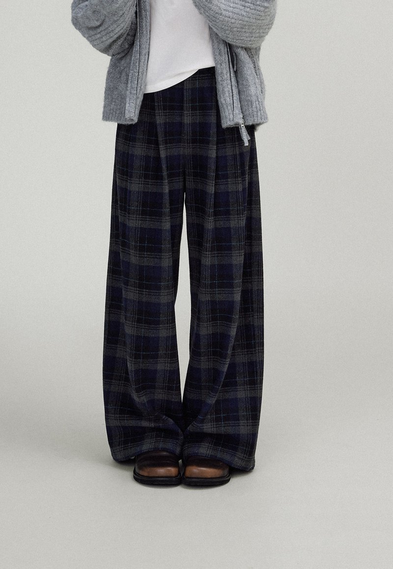 北欧nordic长期主义 羊毛混纺格子高腰阔腿裤 - 女装长裤 - 其他材质 蓝色