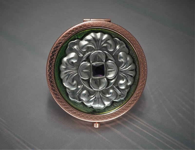 锡雕 玫瑰金 事事如意 绿底  放大/正常比例两用随身镜 - 名片夹/名片盒 - 其他金属 银色