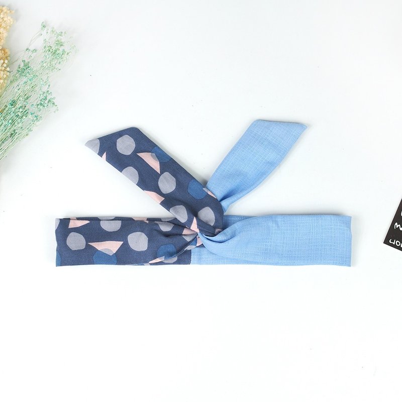 手工发饰 铝线发带 百搭【柔淡几何-灰蓝】拼接天空蓝 AH-89 - 发饰 - 棉．麻 蓝色