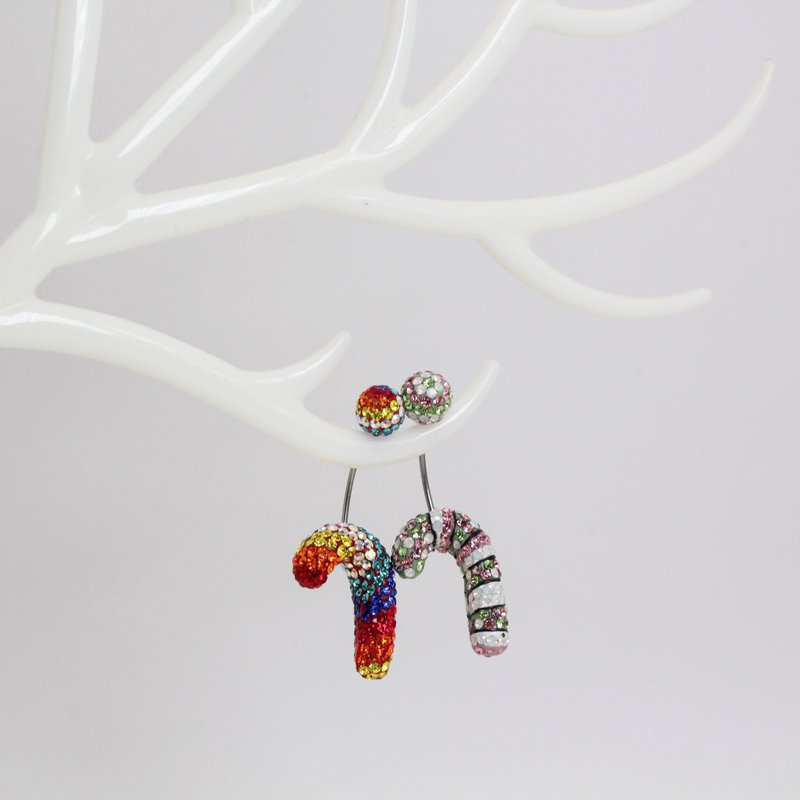【小耶诞】拐杖糖造型弯针耳环 / 施华洛世奇满钻耳环 - 耳环/耳夹 - 其他材质 白色