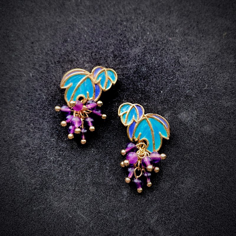 【手作】鹦鹉羽毛点翠工艺 紫水晶串珠耳钉【可改耳夹】——紫汐 - 耳环/耳夹 - 铜/黄铜 