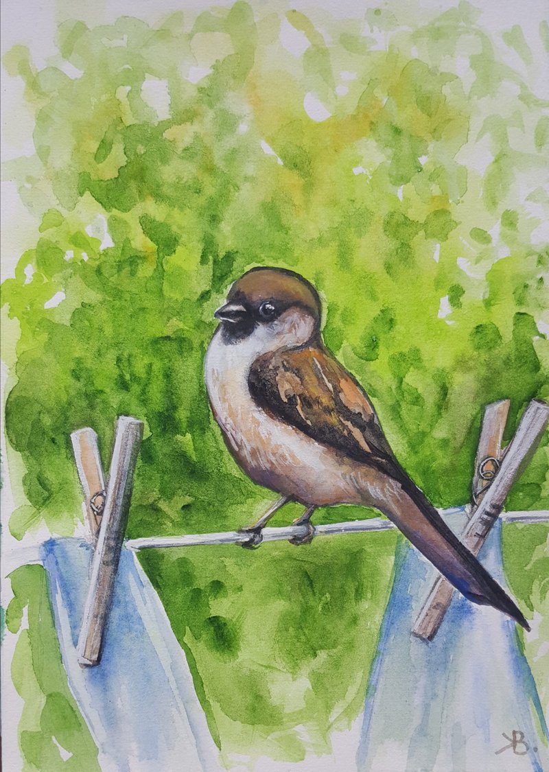 Sparrow Watercolor Original Painting Animals Kids Room Decor Wall Art - 海报/装饰画/版画 - 纸 多色