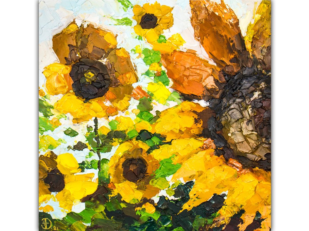 Sunflower Painting Impressionist Original Art Small Artwork Impasto Flower - 海报/装饰画/版画 - 其他材质 黄色