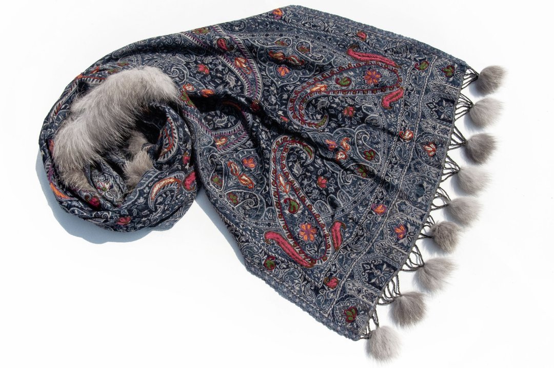 喀什米尔Cashmere/水煮羊毛披肩/针织围巾/刺绣围巾/羊绒披巾-花 - 围巾/披肩 - 羊毛 多色