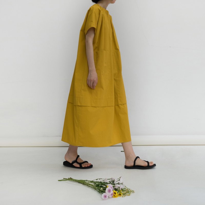 芥末黄褶皱领立体剪裁大口袋长款洋装连身裙 夏 - 洋装/连衣裙 - 棉．麻 橘色