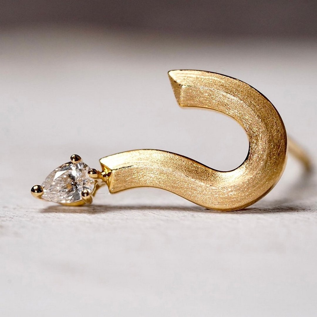 18K Question Mark 水滴钻单耳耳针 - 耳环/耳夹 - 贵金属 金色