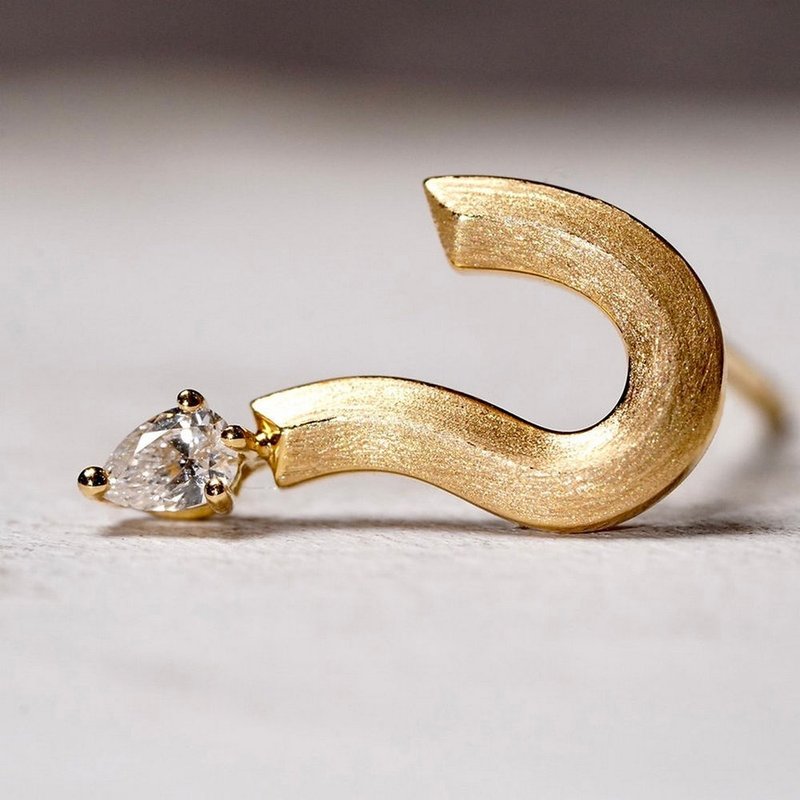 18K Question Mark 水滴钻单耳耳针 - 耳环/耳夹 - 贵金属 金色