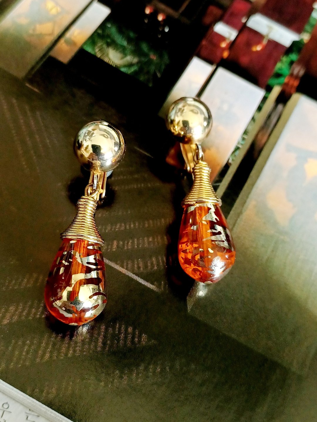 vintage jewelry 立体澄色琉璃球吊饰 夹式耳环 - 耳环/耳夹 - 其他金属 
