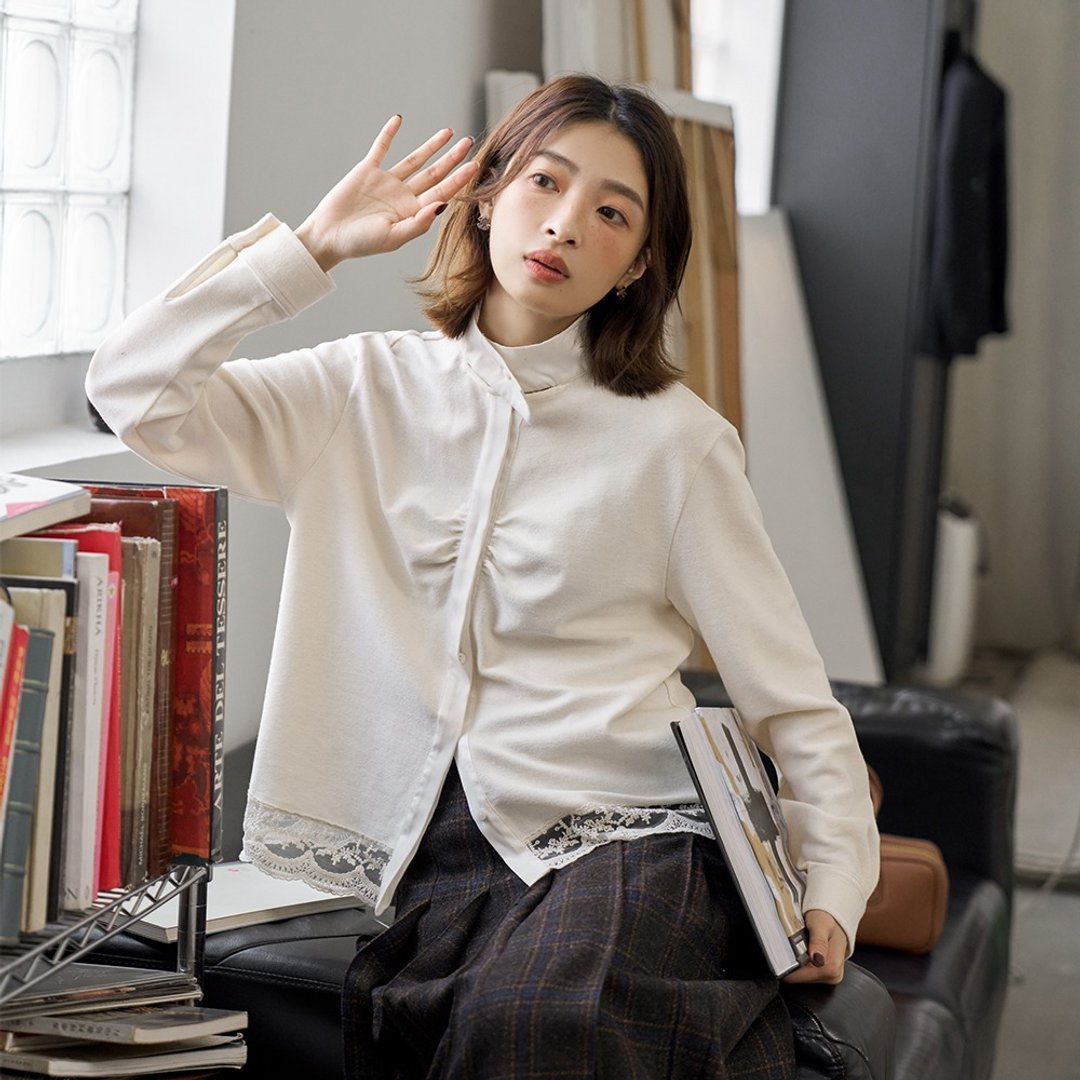 奶黄色针织蕾丝衬衫|衬衫|秋冬款|Sora-1374 - 女装衬衫 - 棉．麻 