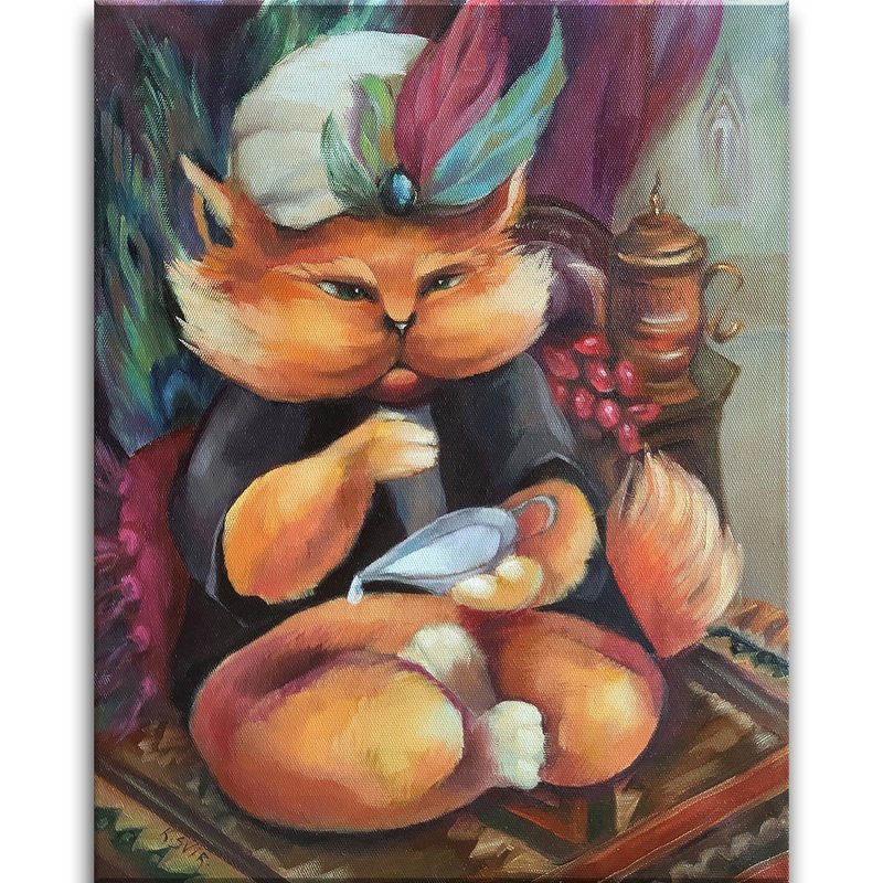 Cat Painting Whimsical Original Art Animal Oil Painting on Canvas Wall Art - 海报/装饰画/版画 - 棉．麻 多色