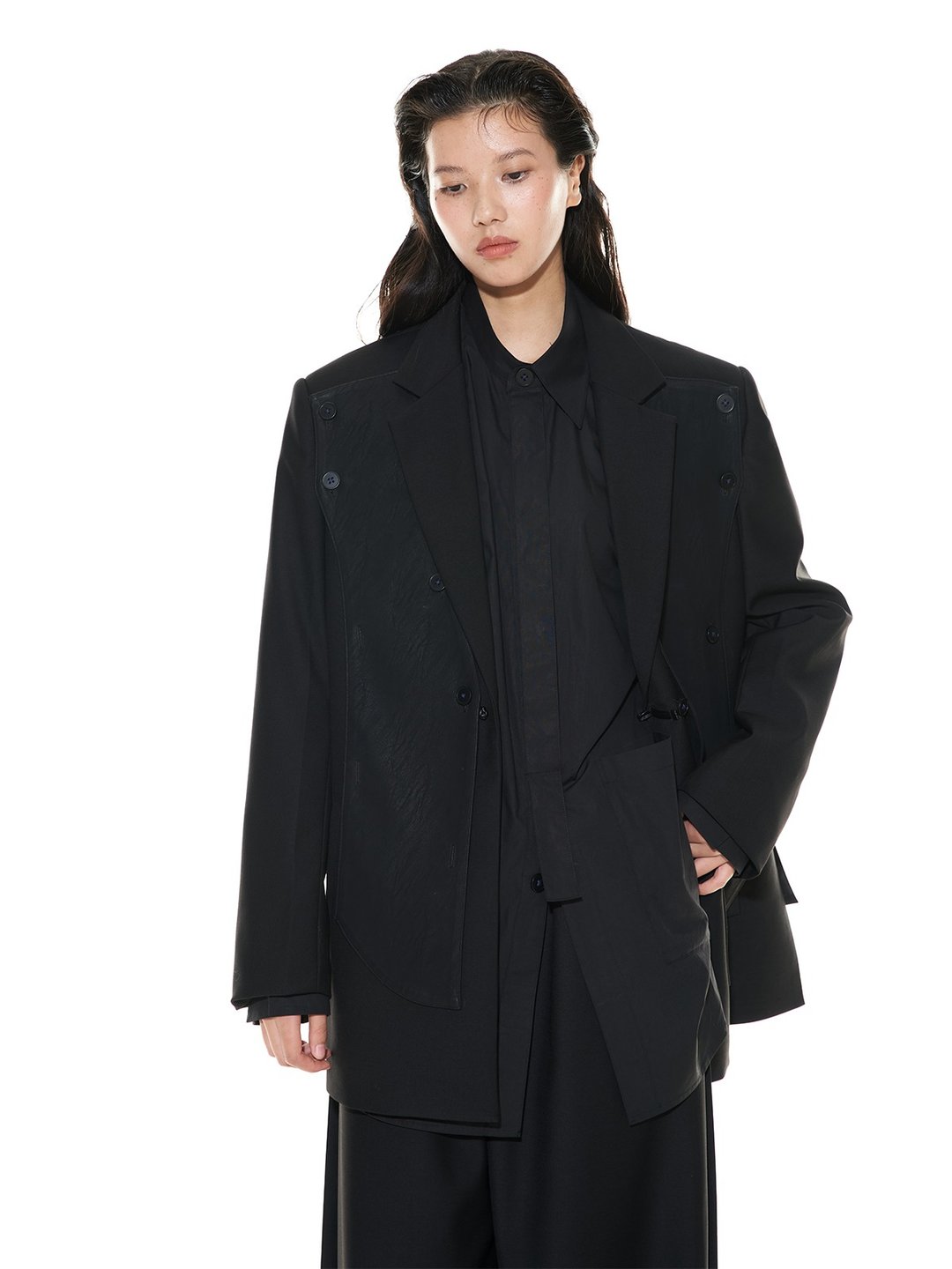 皮料拼接可拆卸西装男女秋冬黑色中式西服外套 - 女装上衣 - 其他材质 黑色