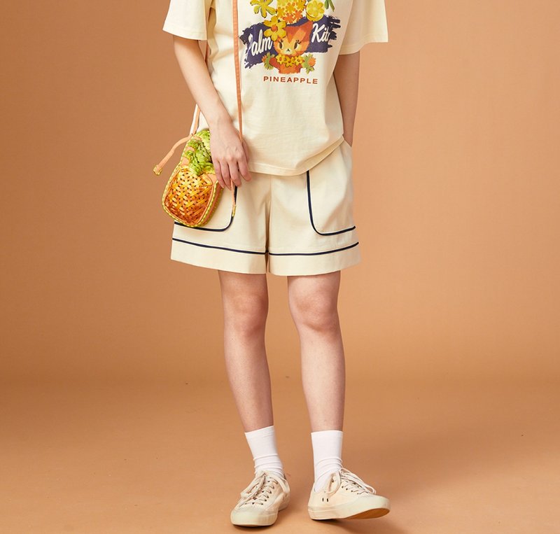 【滚边奶油】 歐式復古/海军蓝松紧腰短裤 - 女装短裤 - 其他材质 白色