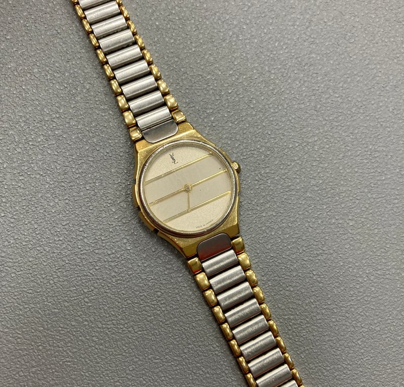 YSL 圣罗兰 灰白 金属立体线状表盘 石英表 古董表 vintage - 女表 - 其他金属 金色