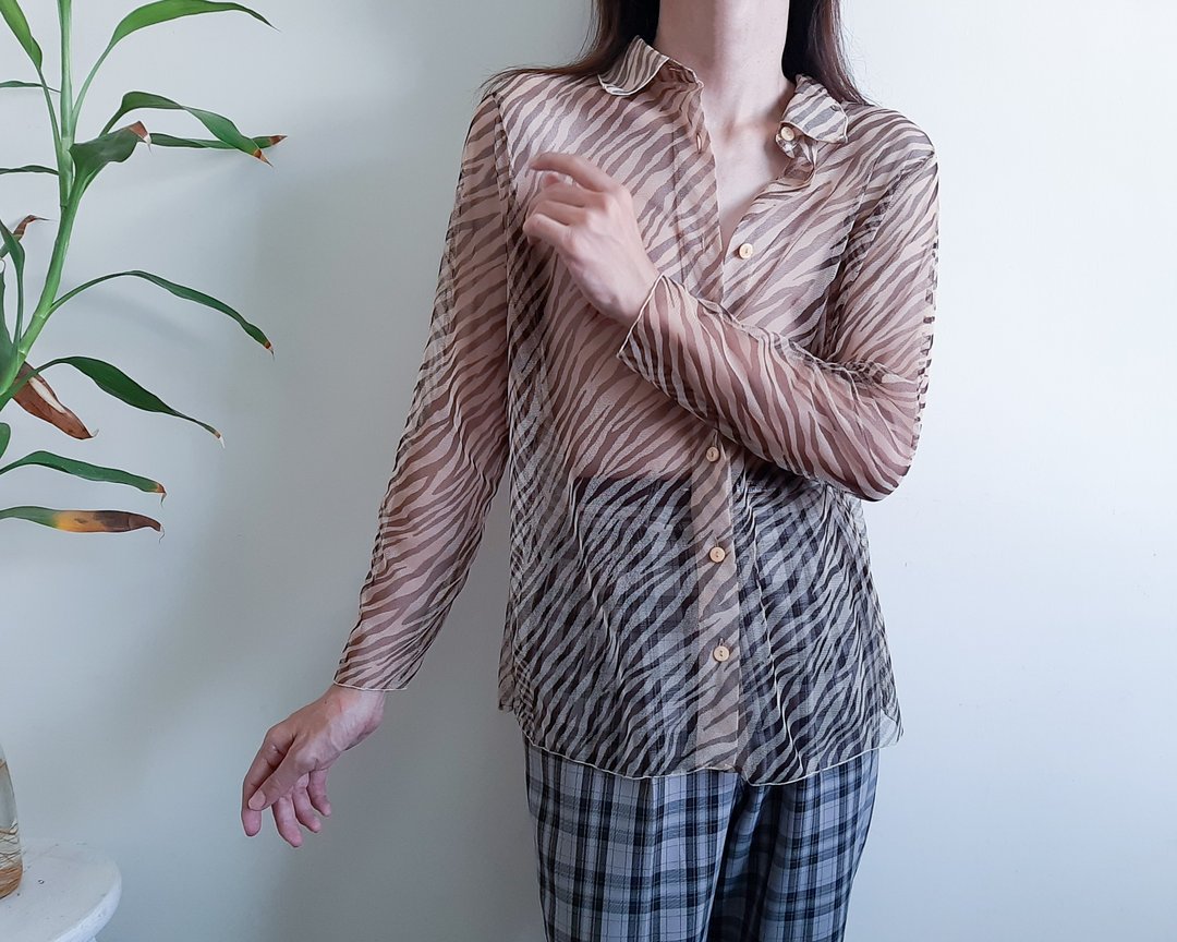 复古 90 年代动物透视衬衫网状衬衫纽扣衬衫 M 码 - 女装衬衫 - 聚酯纤维 卡其色