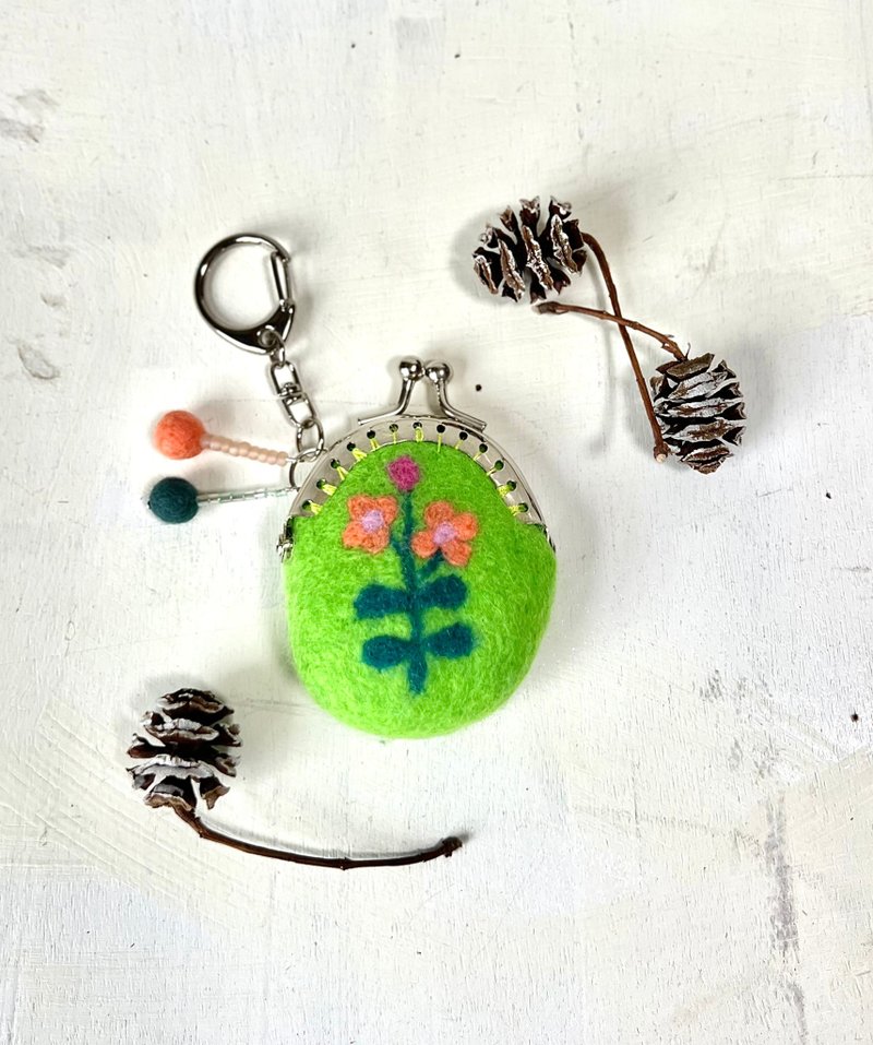 花痴花卉刺绣迷你口金包 -苹果 - 零钱包 - 羊毛 绿色