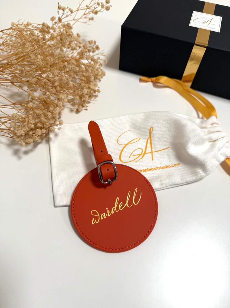 【客制】圆形 行李牌 真皮 橙色 烫金名字 定制化 结婚 生日 礼物 - 行李吊牌 - 真皮 橘色