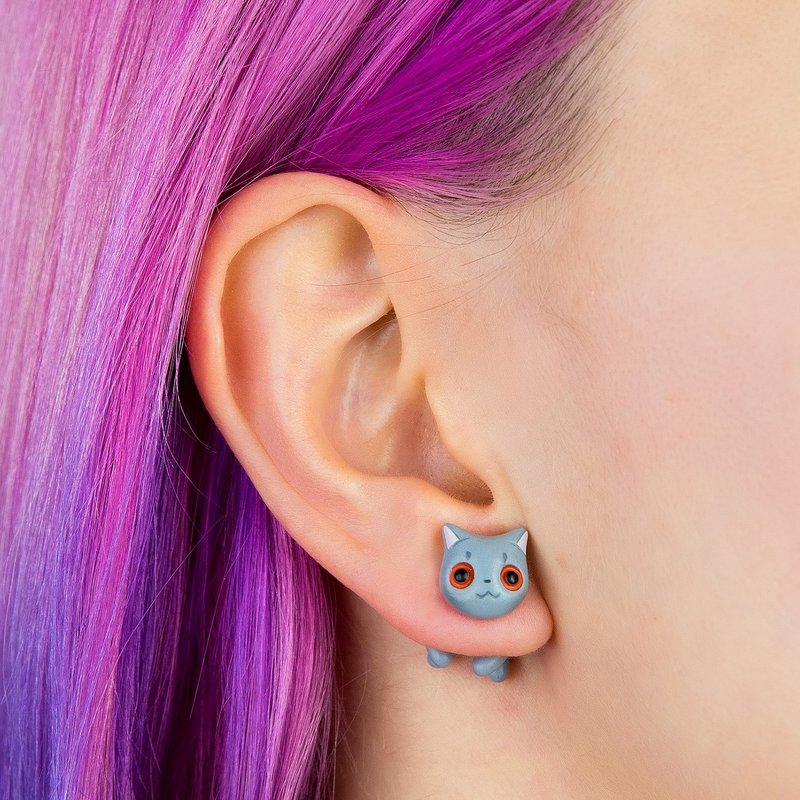 British Shorthair Cat - Polymer Clay Earrings, Handmade&Handpaited Catlover Gift - 耳环/耳夹 - 粘土 灰色