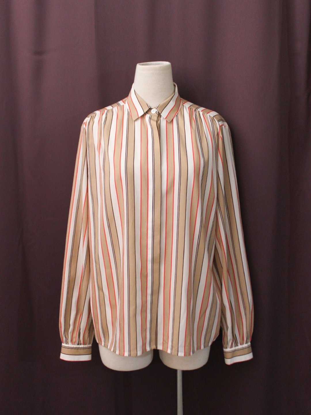 复古欧洲复古卡其米条纹宽松长袖古着衬衫 Vintage Blouse - 女装衬衫 - 聚酯纤维 卡其色