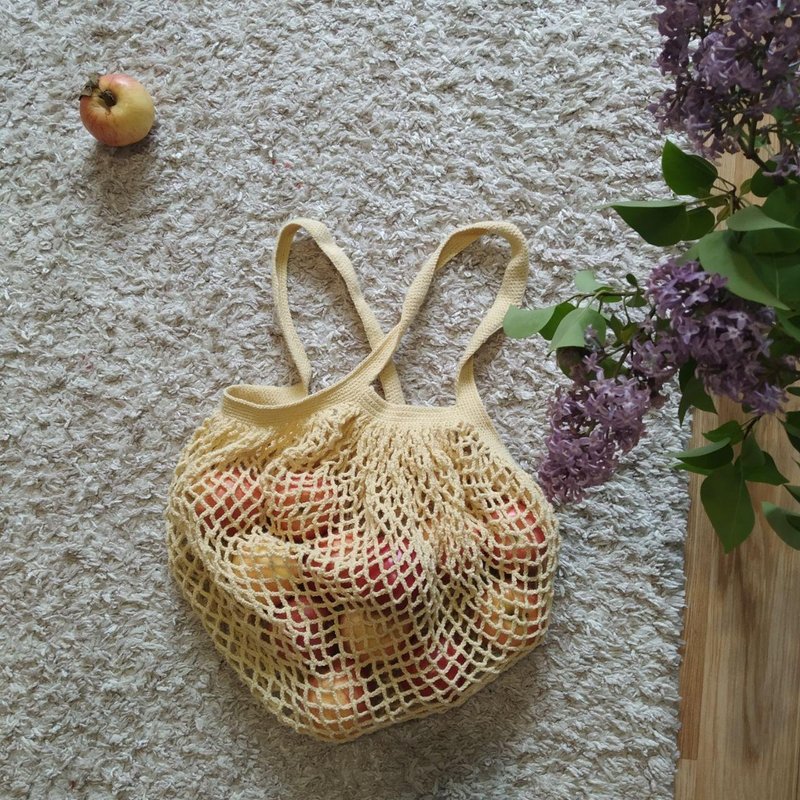 Natural Plaid Bag/ Handmade/ Woven Bag/ Plaid shoulder bag/ Cotton Net Bag - 侧背包/斜挎包 - 棉．麻 金色