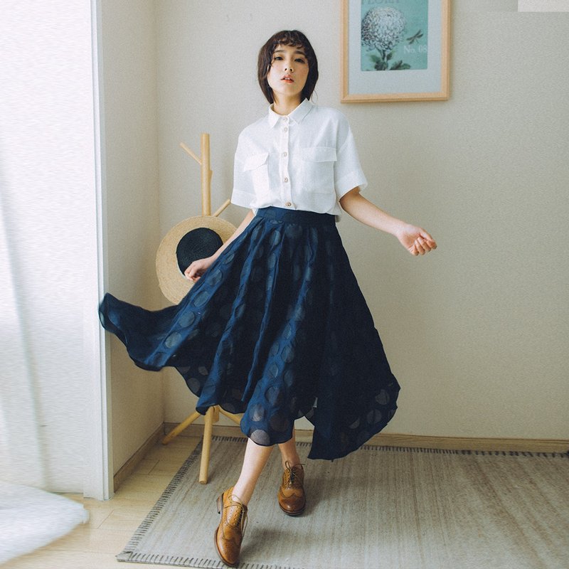 安妮陳2017夏季新款女裝波点大摆半身裙洋装 - 裙子 - 棉．麻 蓝色