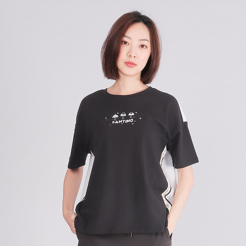 双色拼接落肩圆领衫-前黑后白  夏装 - 女装 T 恤 - 棉 黑色