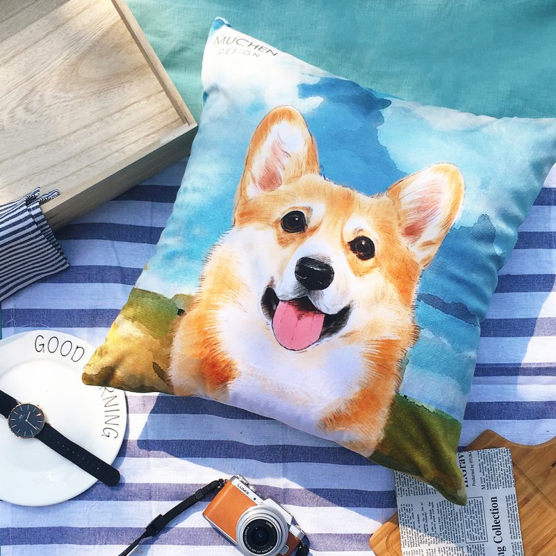 晴天柯基 狗狗动物抱枕/枕头/靠垫 - 枕头/抱枕 - 棉．麻 蓝色