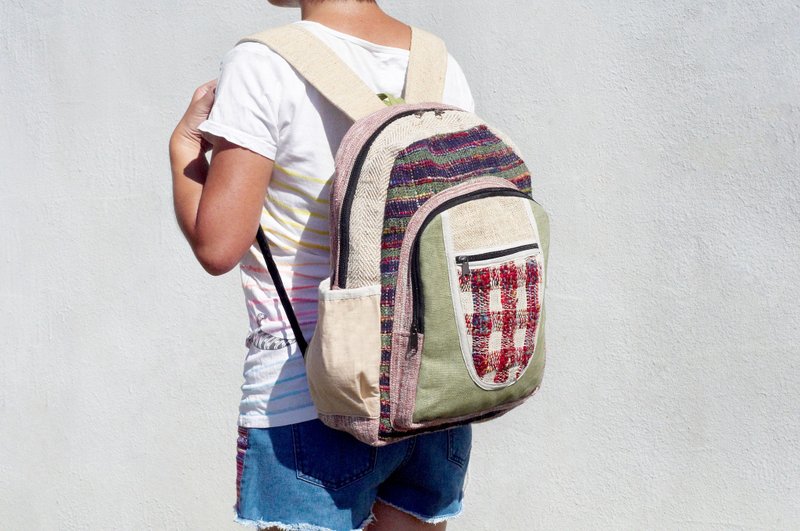 手工棉麻拼接设计后背包 肩背包 民族登山包 拼布包-手捻纱丽丝线 - 后背包/双肩包 - 棉．麻 多色
