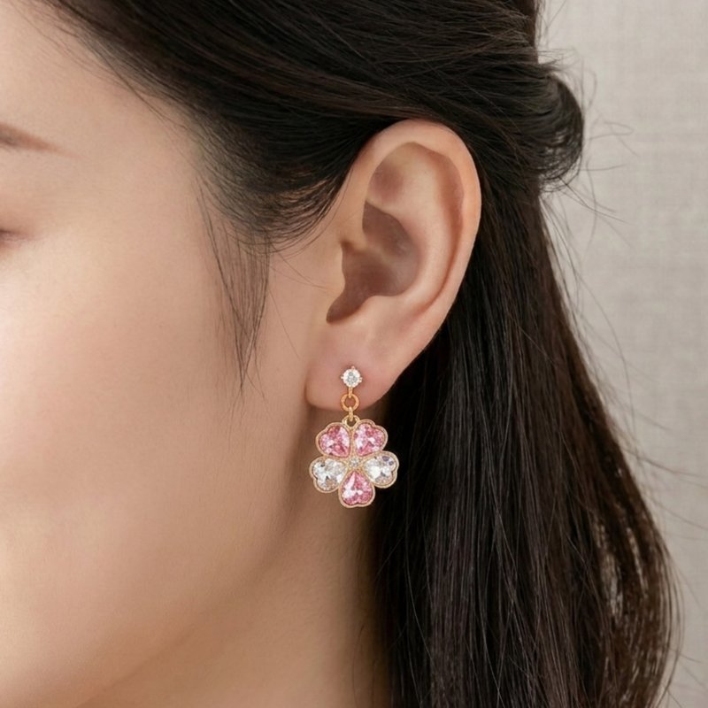 樱花耳环 可爱 优雅的 春 生日 母亲节 日本手工制 - 耳环/耳夹 - 水晶 粉红色