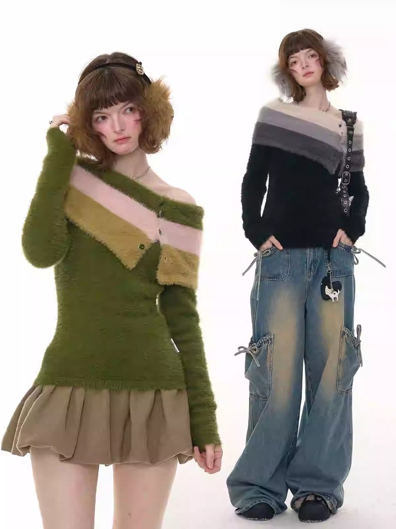 ziziFei秋冬新款美式复古设计感撞色条纹一字肩毛绒针织衫上衣女 - 女装针织衫/毛衣 - 其他材质 黑色