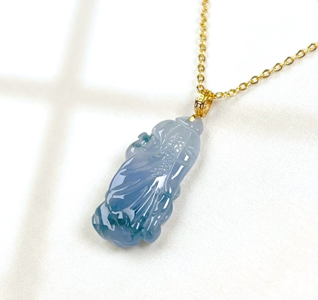 冰紫飘蓝花翡翠白菜项链 18K 金坠头 | 天然缅甸玉翡翠 A 货 | 送礼 - 项链 - 玉石 透明