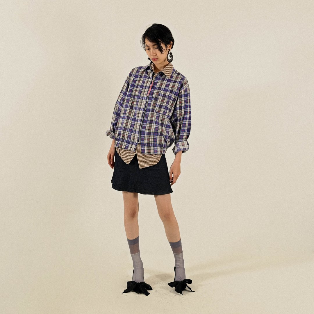 【NaSuBi Vintage】Upcycling拉链设计格纹古着衬衫 - 女装衬衫 - 其他人造纤维 蓝色