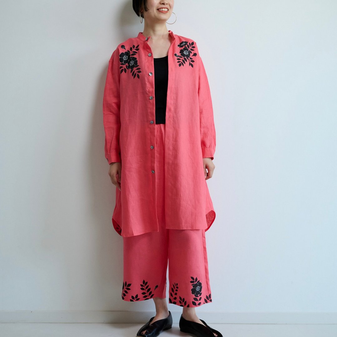亚麻长版衬衫 野玫瑰 - 女装上衣 - 棉 红色