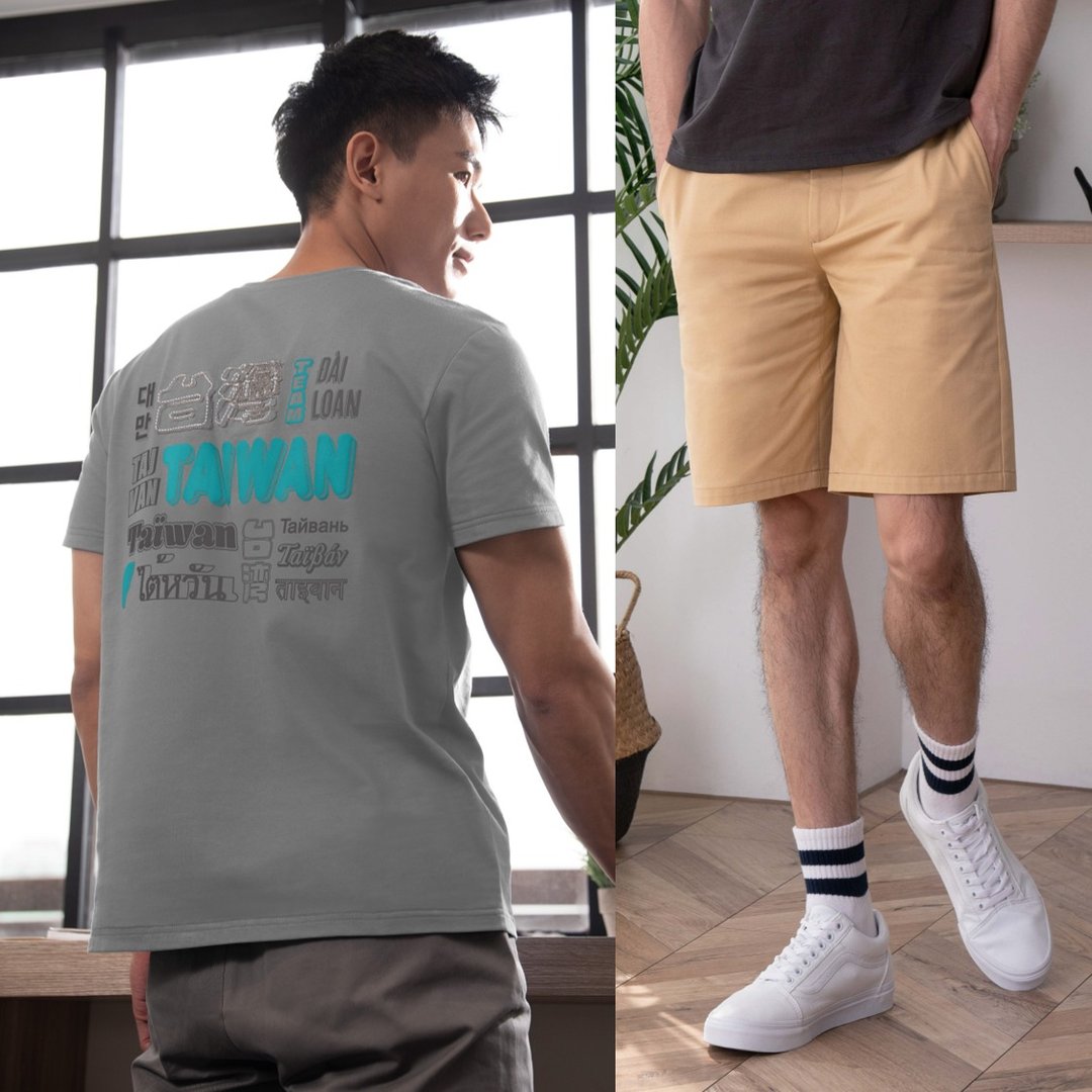 【一套穿搭。活力应援】(男版) 两款原创台湾短T。三色卡其短裤 - 男装上衣/T 恤 - 棉 